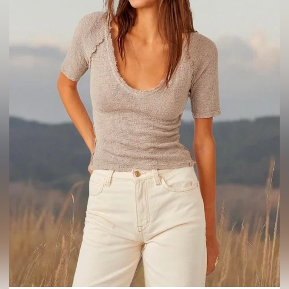 Free People Beige Scoop Neck Short Sleeve Top